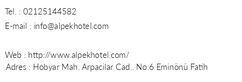 Alpek Hotel telefon numaralar, faks, e-mail, posta adresi ve iletiim bilgileri
